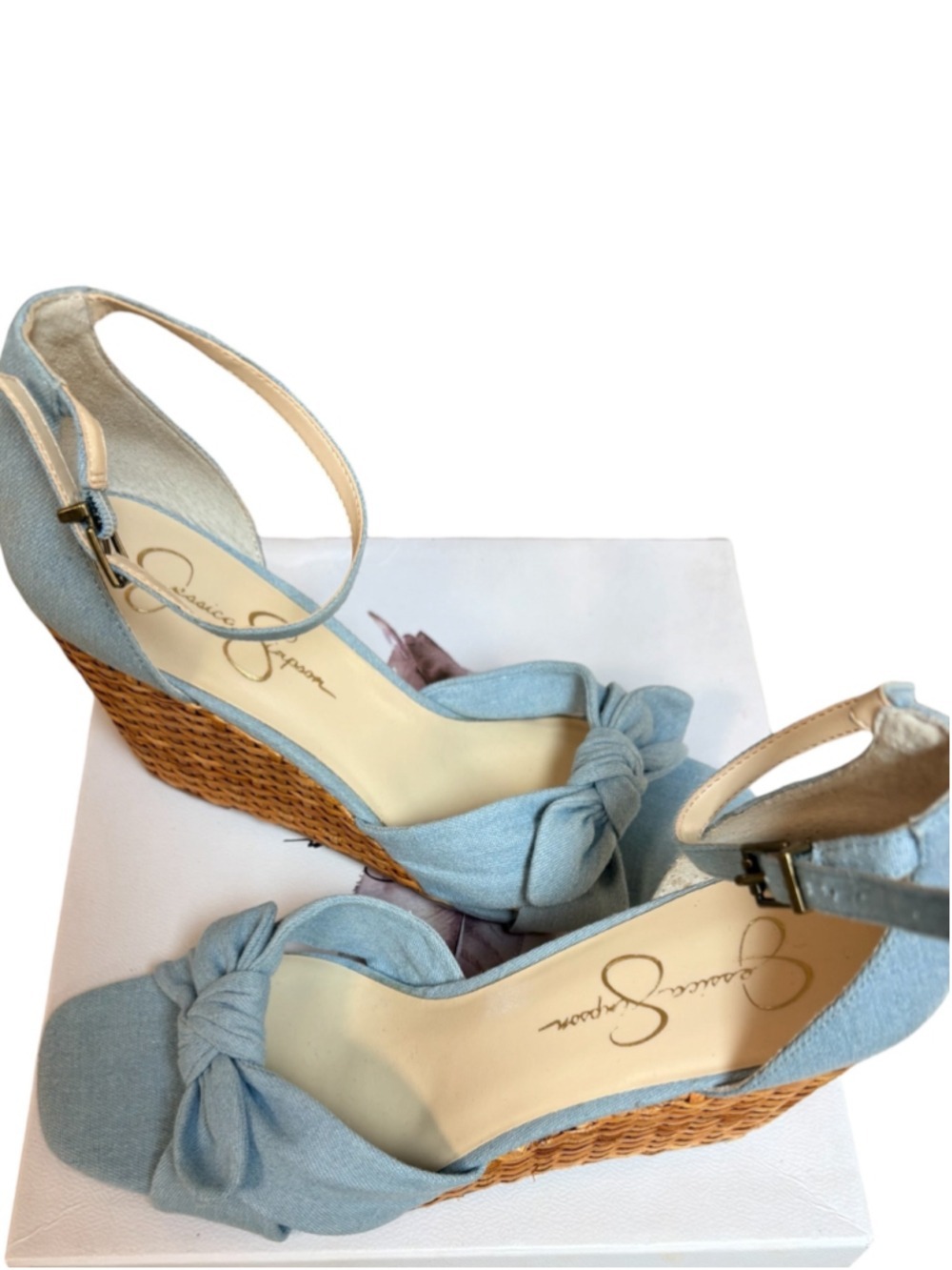 Jessica Simpson Delirah Bow Ankle-Strap Wedge Sandals Denim Size 9.5 - Picture 2 of 9
